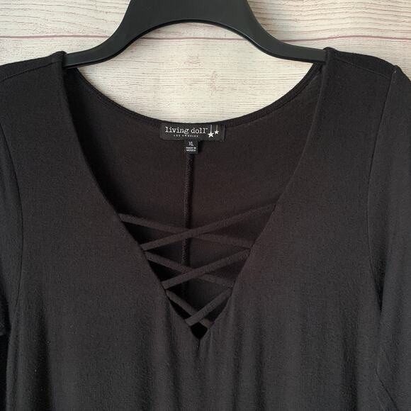 Living Doll Black Dress with Criss Cross Front V Neck Elbow Length Sleeves XL - Picture 3 of 11